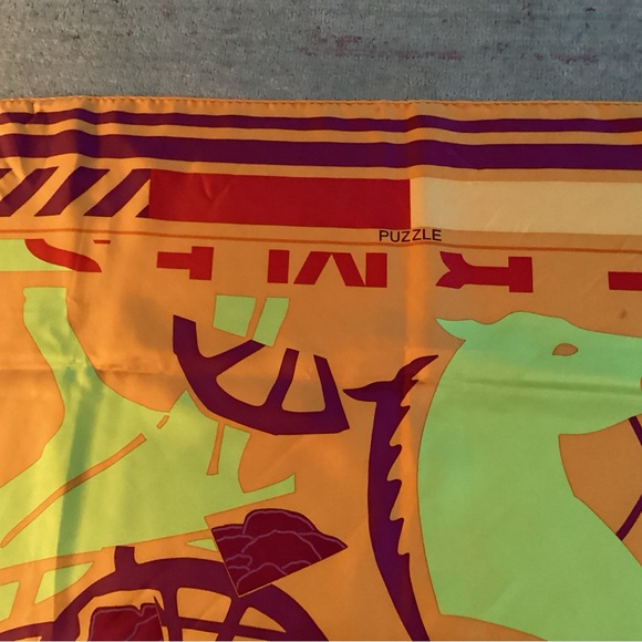 Hermes “Puzzle”Orange and Purple Silk Scarf - Picture 2 of 9